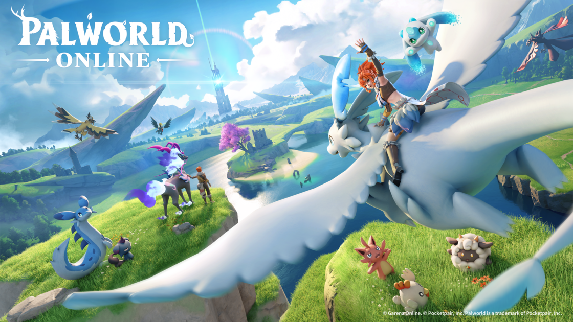 Arte de Palworld Online representando a exploração de um mundo compartilhado em dispositivos móveis.