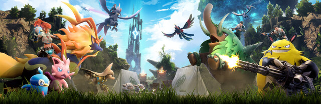 Arte oficial de Palworld 1.0 com Pals e jogadores em combate diante de uma torre