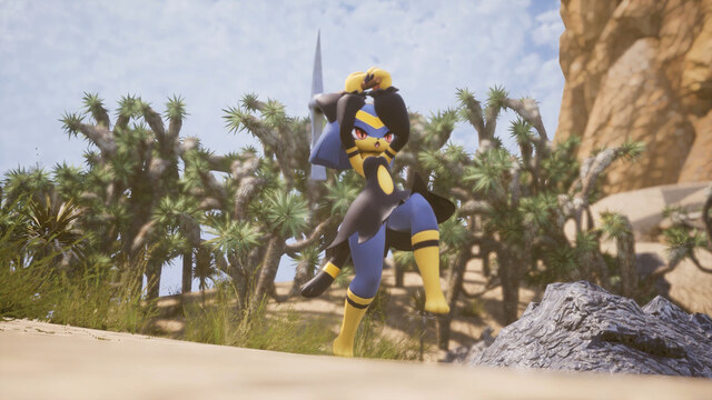 A player facing a Pal in the Palworld 1.0 desert, official Pocketpair art