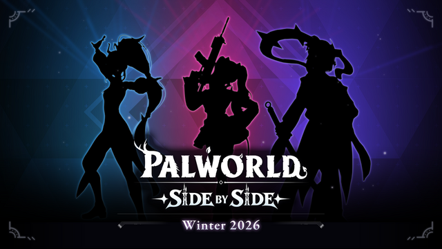Arte de anúncio de Palworld: Side by Side, com três silhuetas humanas, prevista para o inverno de 2026