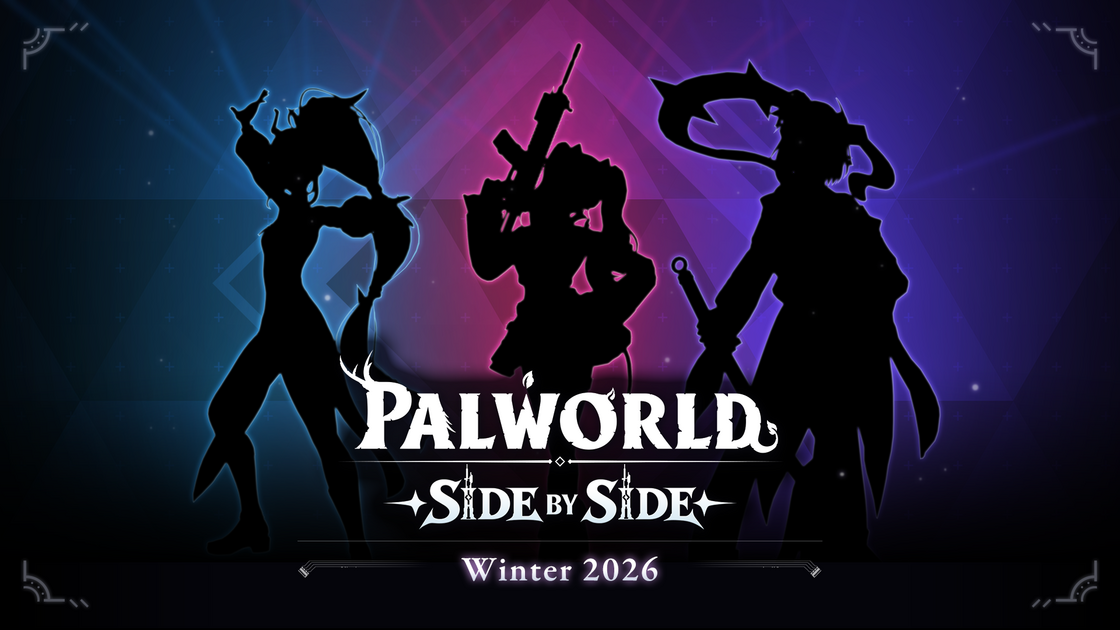 Arte de anúncio de Palworld: Side by Side, com três silhuetas humanas, prevista para o inverno de 2026