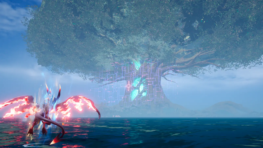 Character exploring one of the new Palworld 1.0 regions with Pals and the World Tree in the background.